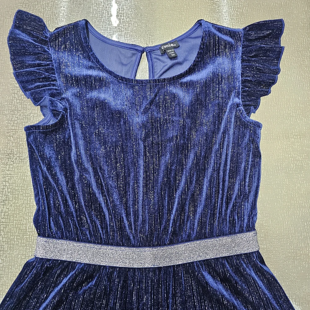 Zunie Girls Jumpsuit Blue Velvet Sparkle Ruffle Sleeve Holiday Party Outfit 10 - Picture 4 of 9
